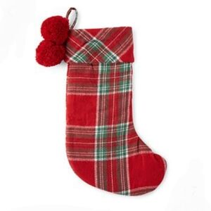 Plaid Red Christmas Stocking with Pom Poms
